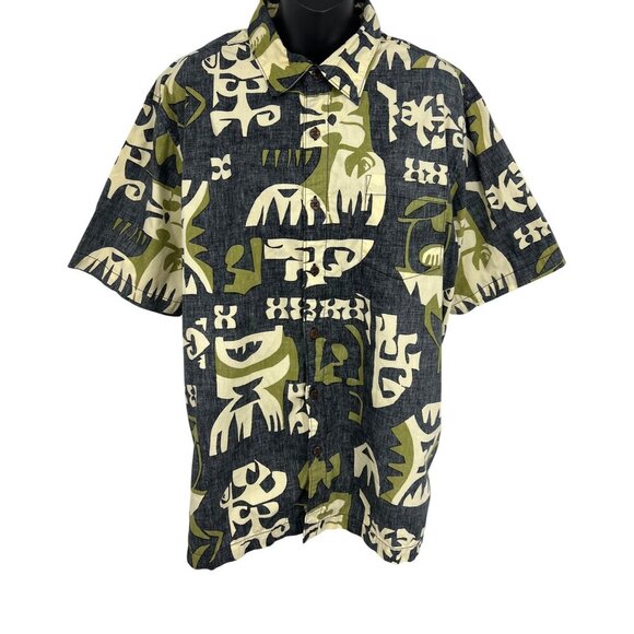 Quiksilver Mens Short Sleeve Hawaiian Shirt Size Large L Gray Tribal Hawaiian EU - Picture 1 of 8